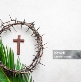 Palm Sunday, Holy Week or Easter concept. Crown of thorns, wooden cross and palm leaf on white concrete background, top view, copy space.
